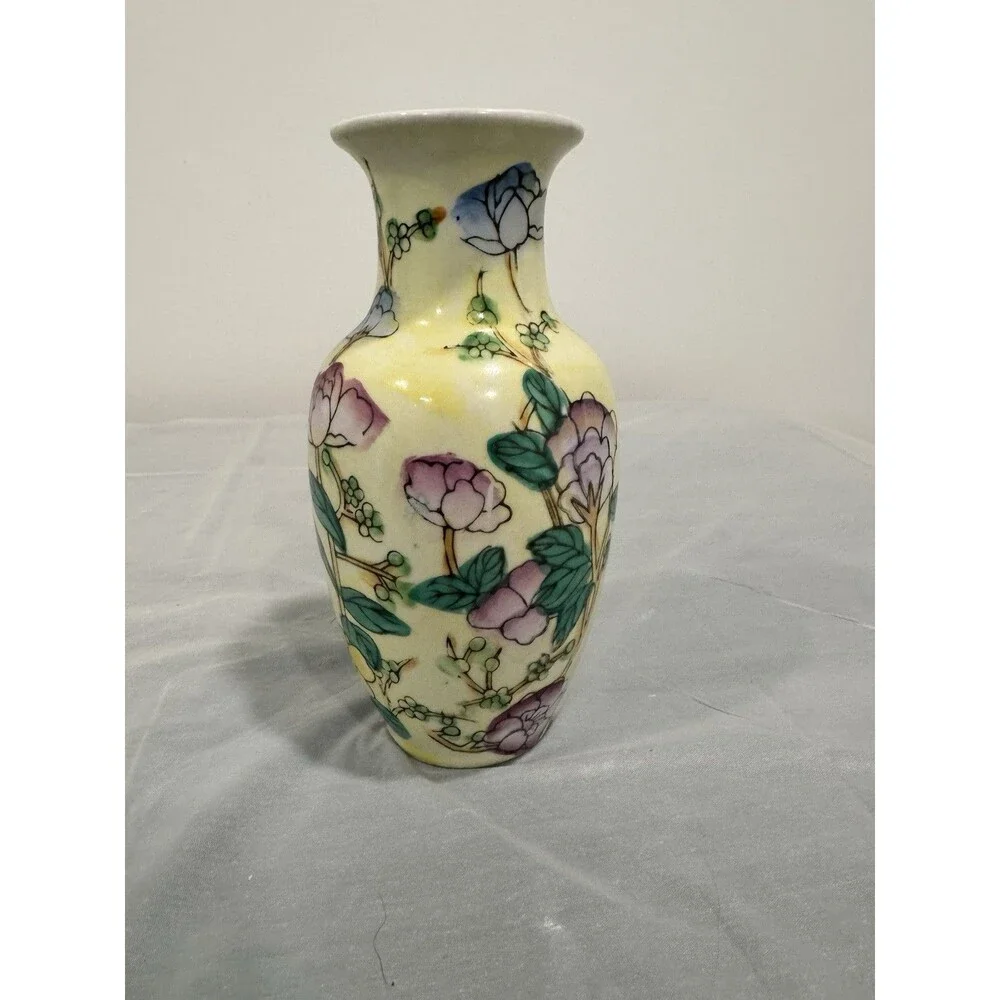 Vintage Hand Painted Floral Vase Yellow Ceramic Asian Style Small Vase